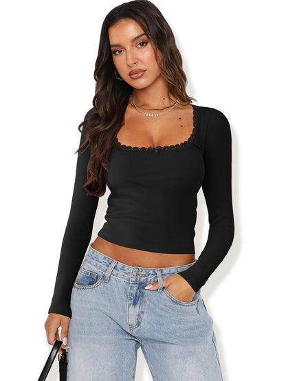 New Long Sleeve t T-shirt Women's Clothing wish Cross-border Trendy Brand Slim Fit Lace Patchwork Hot Girl Top U Collared Base Shirt