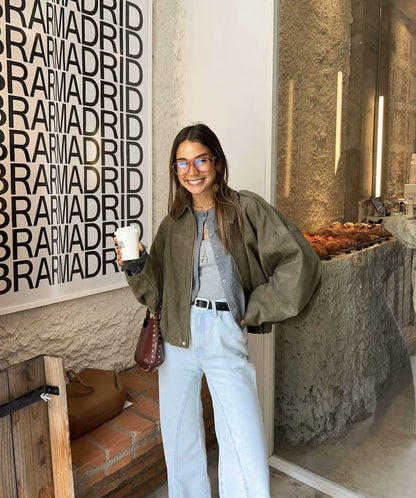 9Wholesale European and American Style2025Spring and Autumn Casual Suede Texture Lapel Bomber Jacket for Women B88824