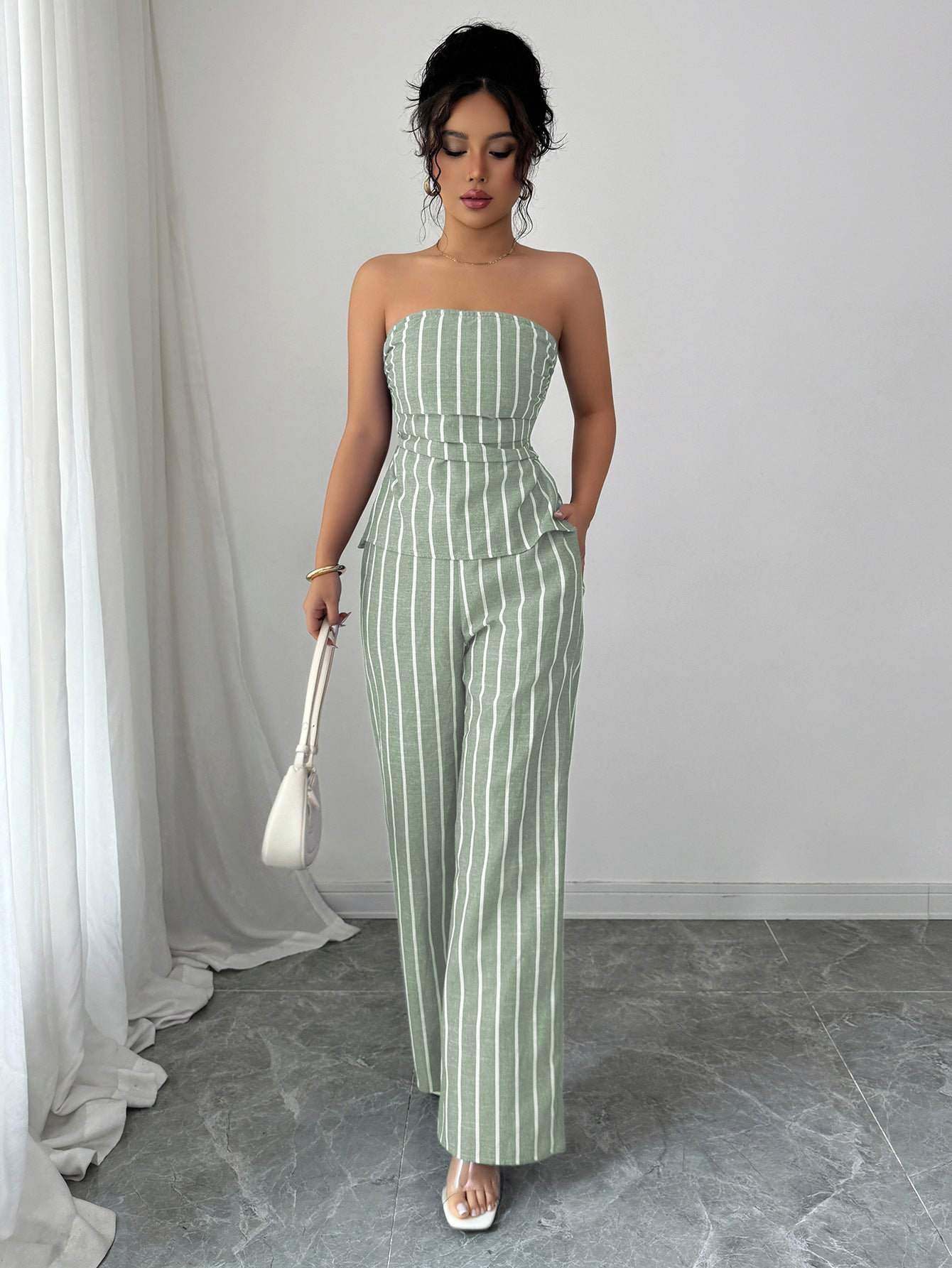Cross-border Fashion Elegant Strapless Striped Long Pants Two-piece Set Women's Clothing2025Spring and Summer Amazon Non-Iron Comfortable