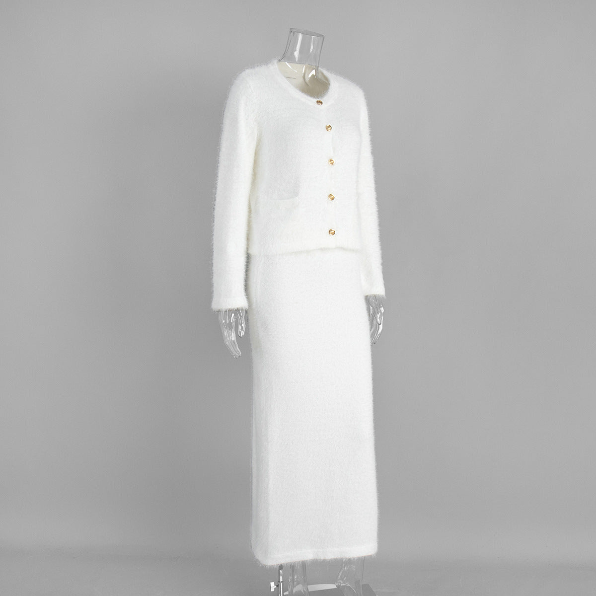 Cross-border Plush Long Sleeve Half-length Dress Set European and American Style2025Autumn and Winter New Single-Breasted Cardigan and Skirt Set