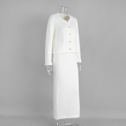 Cross-border Plush Long Sleeve Half-length Dress Set European and American Style2025Autumn and Winter New Single-Breasted Cardigan and Skirt Set