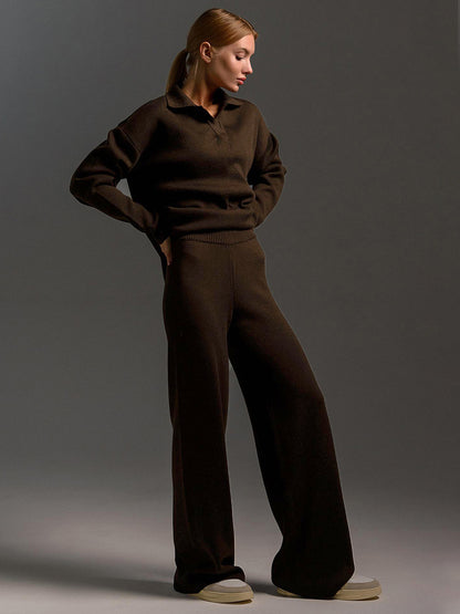 Sultyra Sweater Suit Polo Knitted Pullover Sweater+Wide-leg Pants Two-piece Set