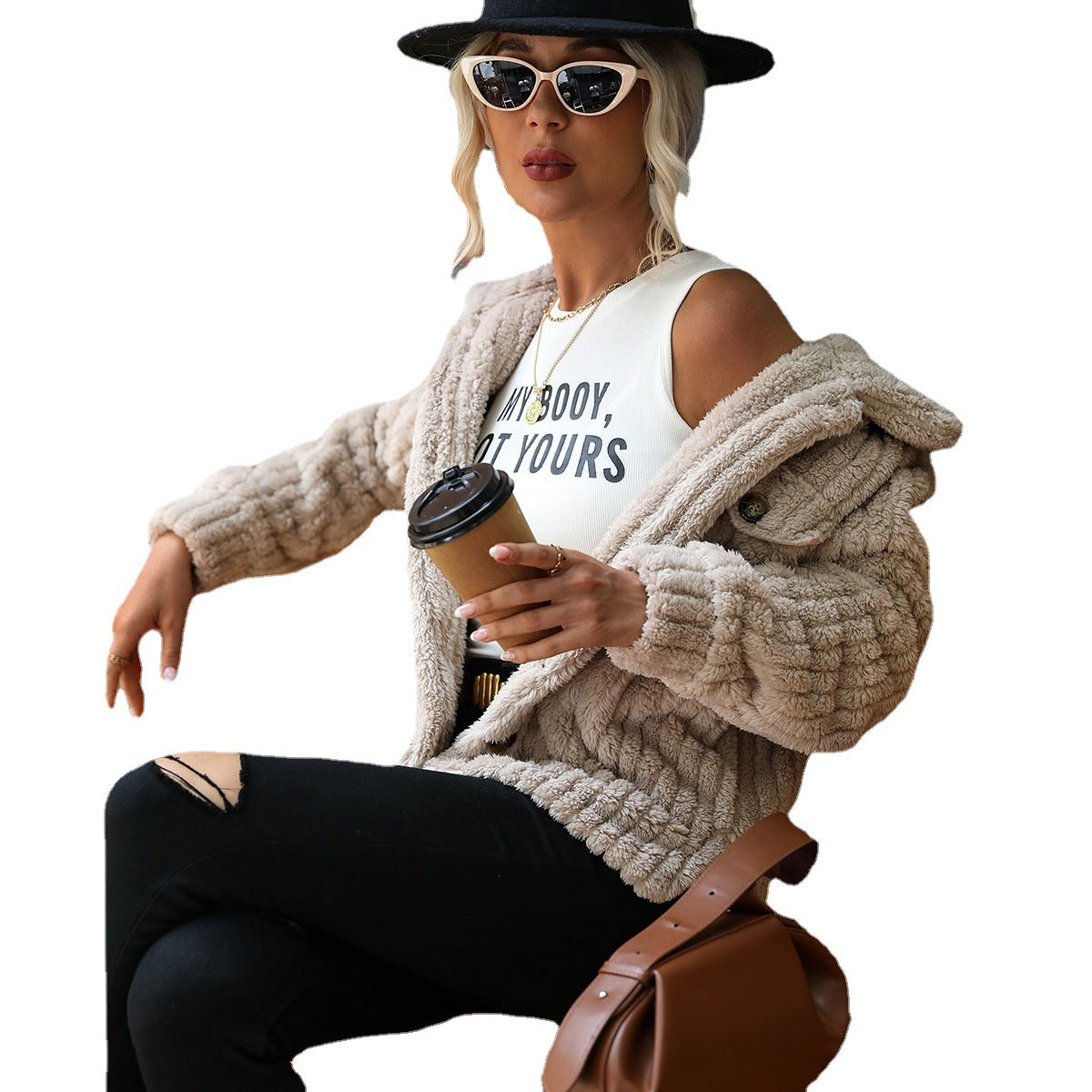 Shiny Velvet Cross-Border European and American Women's Double-Sided Velvet Long-Sleeve Turn-Down Collar Button-Up Solid Color Mid-Length Plush Coat