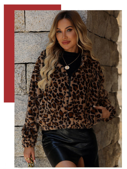 Shiny Velvet2025Cross-border Women's Clothing Amazon European and American Autumn Winter New Loose Zipper Long Sleeve Leopard Print Furry Coat