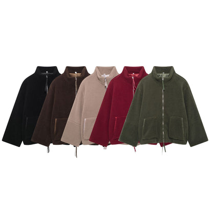 Cross-Border2024European and American Style Autumn Winter New Women's Solid Color Lazy Style Lamb Wool High Neck Woolen Coat A65002