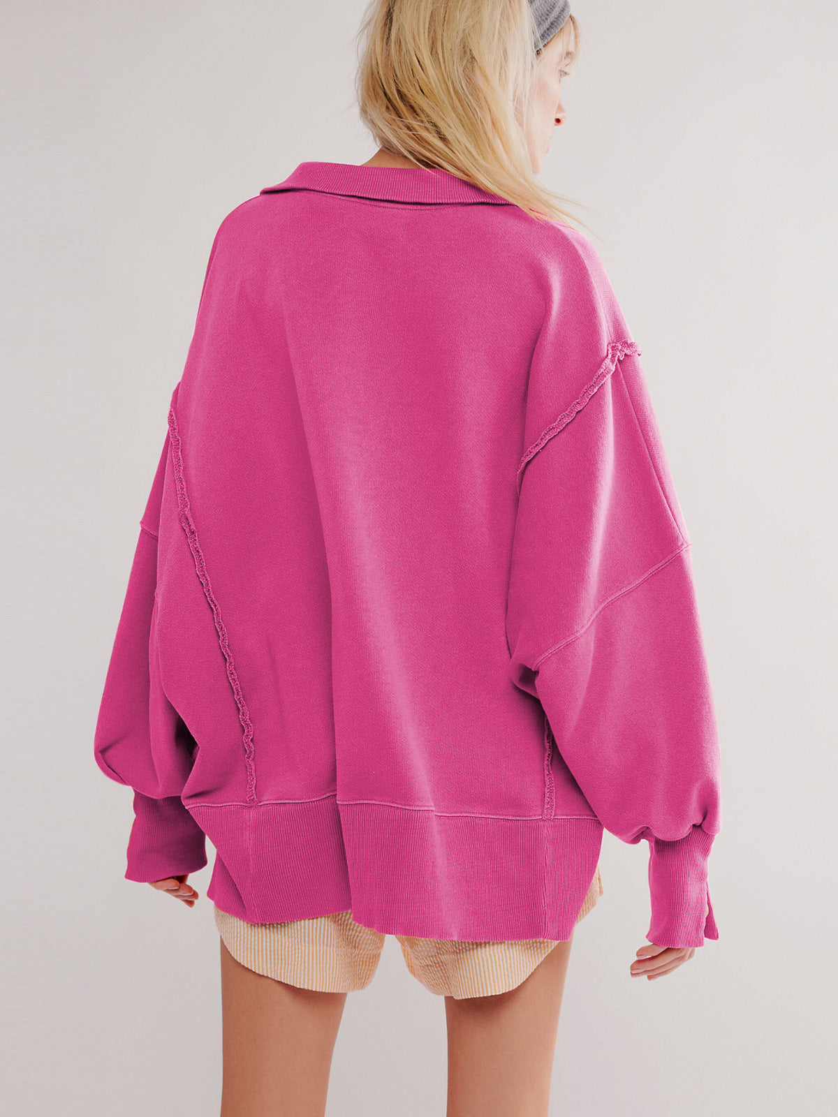 2024Amazon Hot-Selling Design Women's High-Quality Lantern Sleeve Decorative Line Split Collar Loose Sweatshirt