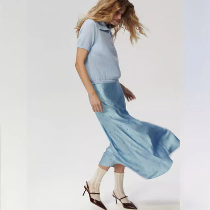 Cross-border Printed Midi Skirt European and American Style2025Spring and Summer New Elegant Floral Satin Printed Draped High-Waisted Skirt