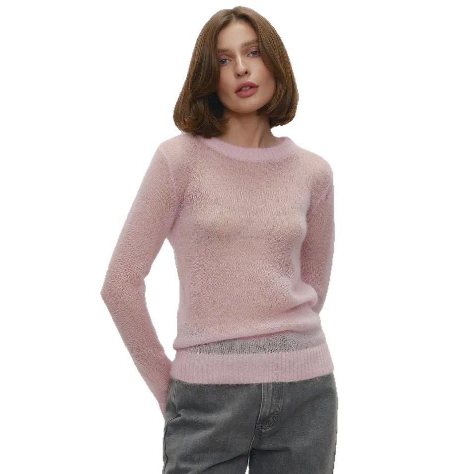 Cross-border Mohair Crew Neck Pullover Sweater European and American Style2025Spring and Summer New Comfortable Knitted Base Semi-Transparent Sweater for Women