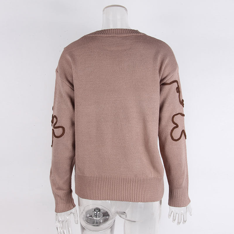 Cross-Border European and American Autumn Winter New Women's Sweater Fashion Flower Three-Dimensional Embroidery Round Neck Pullover Long Sleeve Knitted Sweater for Women