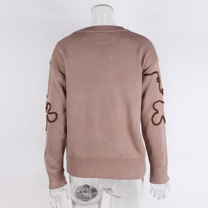 Cross-Border European and American Autumn Winter New Women's Sweater Fashion Flower Three-Dimensional Embroidery Round Neck Pullover Long Sleeve Knitted Sweater for Women