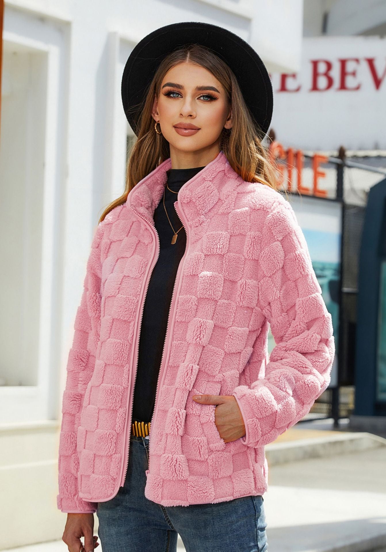 Shiny Velvet2023Autumn and Winter New Cross-Border European and American Women's Long Sleeve Cardigan Zipper Loose Solid Color Plaid Fuzzy Coat