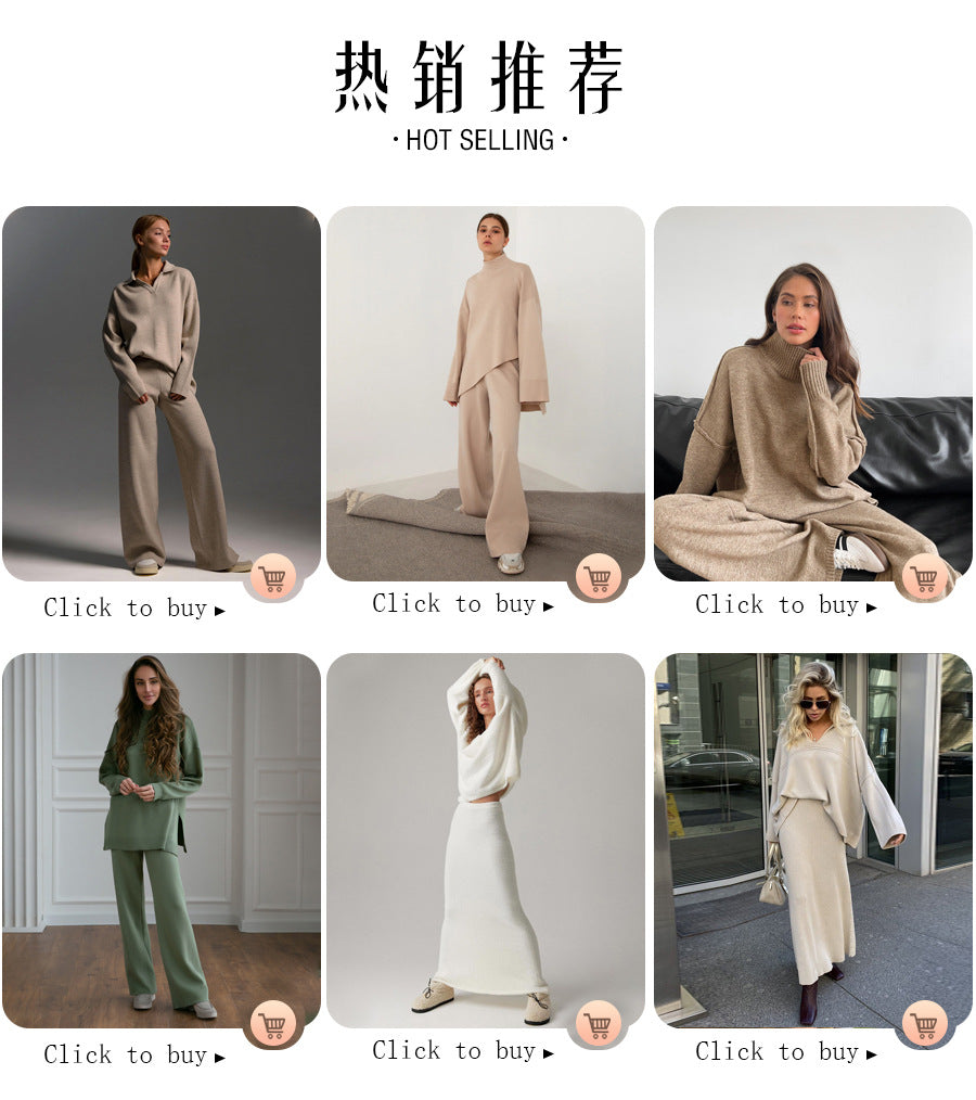 Cross-Border Turtleneck Sweater Set for Women, European and American Style, Autumn and Winter New Loose Casual Thick Knitted Long Pants Set