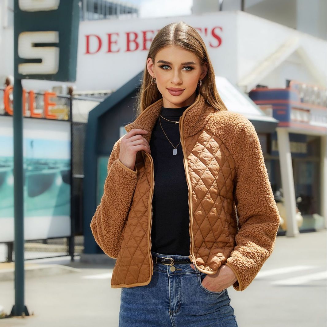 Shiny Velvet2023New Autumn Winter Women's Clothing Cross-border Amazon Cardigan Zipper Long-sleeved stuffed Stitching European and American Coat Women