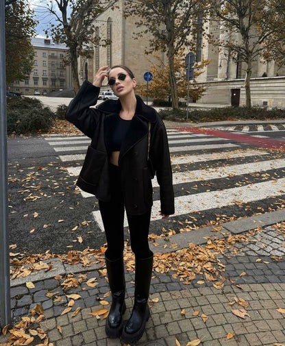 2024Autumn Fashion Turn-Down Collar Three-Color Fur Integrated Long-Sleeve Jacket Coat Cross-Border Amazon Women's Clothing B88788